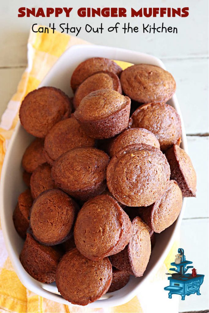 Snappy Ginger Muffins | Can't Stay Out of the Kitchen | #Molasses, #cinnamon & #ginger give these #muffins their fantastic #Gingerbread taste. Every bite will have you dreaming of another! Great for weekend, company or a #holiday #breakfast or #brunch. #HolidayBreakfast #GingerMuffins #SnappyGingerMuffins #GingerbreadMuffins