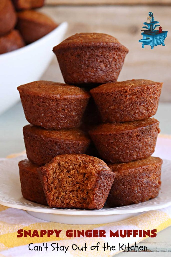 Snappy Ginger Muffins | Can't Stay Out of the Kitchen | #Molasses, #cinnamon & #ginger give these #muffins their fantastic #Gingerbread taste. Every bite will have you dreaming of another! Great for weekend, company or a #holiday #breakfast or #brunch. #HolidayBreakfast #GingerMuffins #SnappyGingerMuffins #GingerbreadMuffins