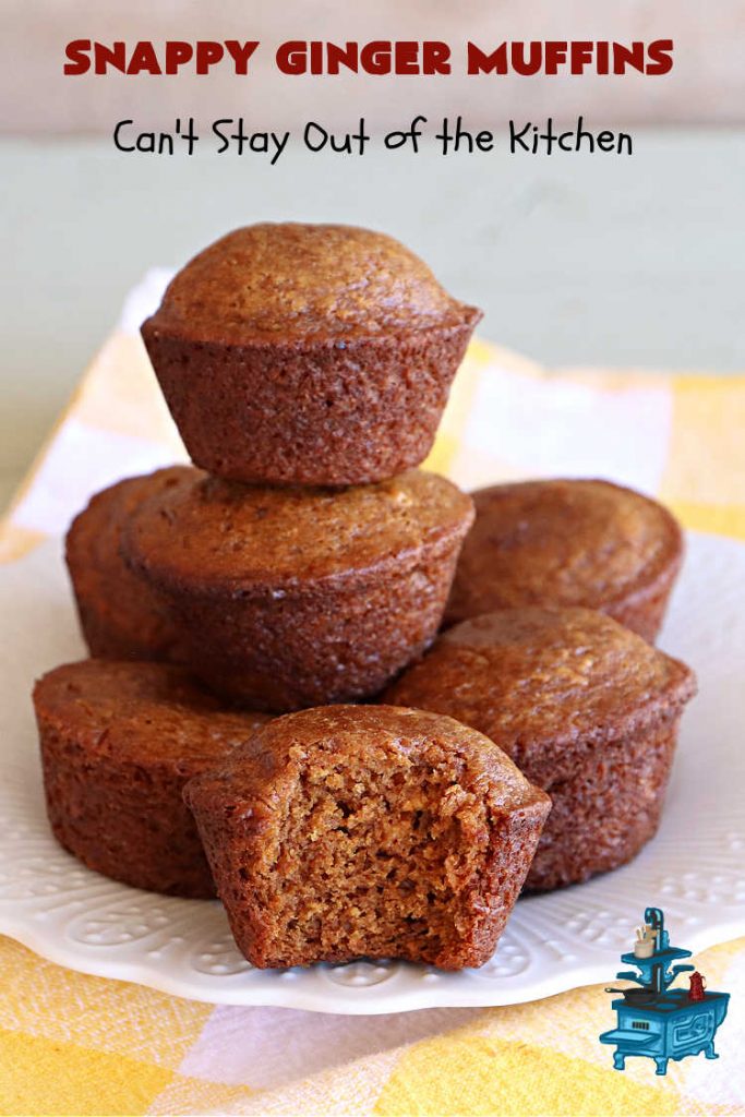 Snappy Ginger Muffins | Can't Stay Out of the Kitchen | #Molasses, #cinnamon & #ginger give these #muffins their fantastic #Gingerbread taste. Every bite will have you dreaming of another! Great for weekend, company or a #holiday #breakfast or #brunch. #HolidayBreakfast #GingerMuffins #SnappyGingerMuffins #GingerbreadMuffins