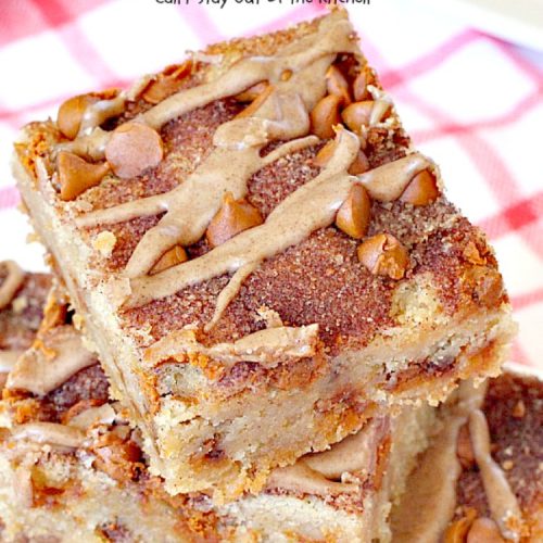 Snickerdoodle Blondies | Can't Stay Out of the Kitchen | This awesome #snickerdoodle #dessert is extra rich with the addition of #cinnamonchips & a #cinnamon glaze. We love them! #brownies