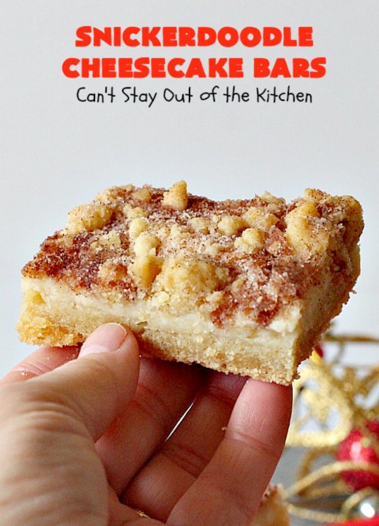Snickerdoodle Cheesecake Bars | Can't Stay Out of the Kitchen | these #brownie-type #cookies are awesome! They're terrific treats for #holiday baking, potlucks or #tailgating. #dessert #cheesecake #snickerdoodles