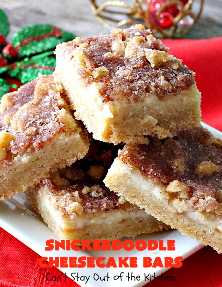 Snickerdoodle Cheesecake Bars | Can't Stay Out of the Kitchen | these #brownie-type #cookies are awesome! They're terrific treats for #holiday baking, potlucks or #tailgating. #dessert #cheesecake #snickerdoodles