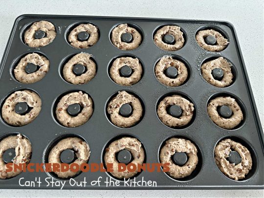 Snickerdoodle Donuts | Can't Stay Out of the Kitchen | #SnickerdoodleDonuts are outrageously good! These marvelous #donuts include triple the #cinnamon & #Snickerdoodle flavor with both cinnamon & #CinnamonChips in the batter & a thick #CinnamonSugar coating on the outside that puts them over-the-top. Perfect for a weekend, company or #holiday #breakfast. Everyone will rave over these! #HolidayBreakfast