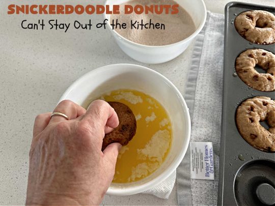 Snickerdoodle Donuts | Can't Stay Out of the Kitchen | #SnickerdoodleDonuts are outrageously good! These marvelous #donuts include triple the #cinnamon & #Snickerdoodle flavor with both cinnamon & #CinnamonChips in the batter & a thick #CinnamonSugar coating on the outside that puts them over-the-top. Perfect for a weekend, company or #holiday #breakfast. Everyone will rave over these! #HolidayBreakfast