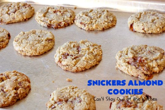Snickers Almond Cookies | Can't Stay Out of the Kitchen | these scrumptious #cookies will cure any sweet tooth craving. This #dessert uses #SnickersAlmondBars in the dough. So they're filled with #chocolate & #almonds. Every bite will have you salivating. #tailgating #holiday #baking #HolidayBaking #HolidayDessert #SnickersDessert #ChocolateDessert #AlmondDessert #ChristmasCookieExchange #Snickers #SnickersBars #SnickersAlmondCookies