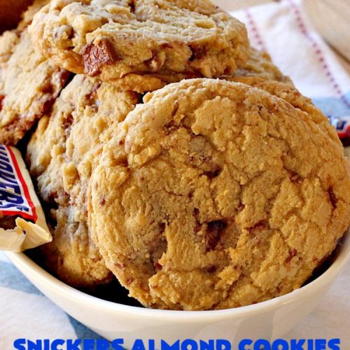 Snickers Almond Cookies | Can't Stay Out of the Kitchen | these scrumptious #cookies will cure any sweet tooth craving. This #dessert uses #SnickersAlmondBars in the dough. So they're filled with #chocolate & #almonds. Every bite will have you salivating. #tailgating #holiday #baking #HolidayBaking #HolidayDessert #SnickersDessert #ChocolateDessert #AlmondDessert #ChristmasCookieExchange #Snickers #SnickersBars #SnickersAlmondCookies