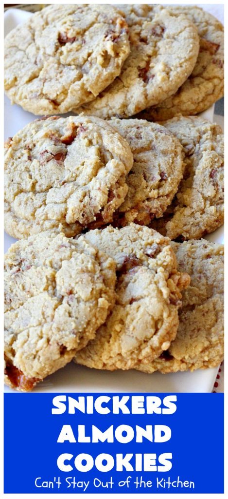 Snickers Almond Cookies | Can't Stay Out of the Kitchen | these scrumptious #cookies will cure any sweet tooth craving. This #dessert uses #SnickersAlmondBars in the dough. So they're filled with #chocolate & #almonds. Every bite will have you salivating. #tailgating #holiday #baking #HolidayBaking #HolidayDessert #SnickersDessert #ChocolateDessert #AlmondDessert #ChristmasCookieExchange #Snickers #SnickersBars #SnickersAlmondCookies