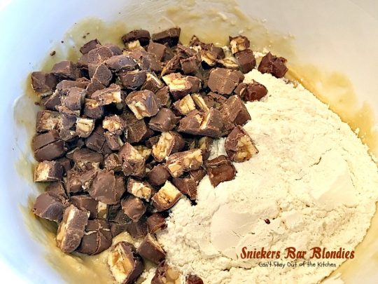 Snickers Bar Blondies | Can't Stay Out of the Kitchen | these fabulous #brownies are filled with #SnickersBars. They're great for #tailgating parties or as a way to use up leftover #halloween candy! #dessert #cookie #chocolate