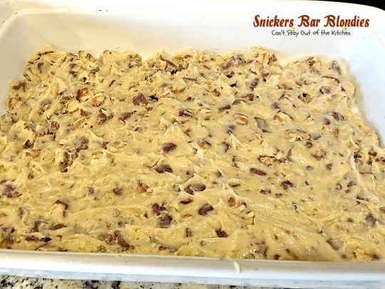 Snickers Bar Blondies | Can't Stay Out of the Kitchen | these fabulous #brownies are filled with #SnickersBars. They're great for #tailgating parties or as a way to use up leftover #halloween candy! #dessert #cookie #chocolate
