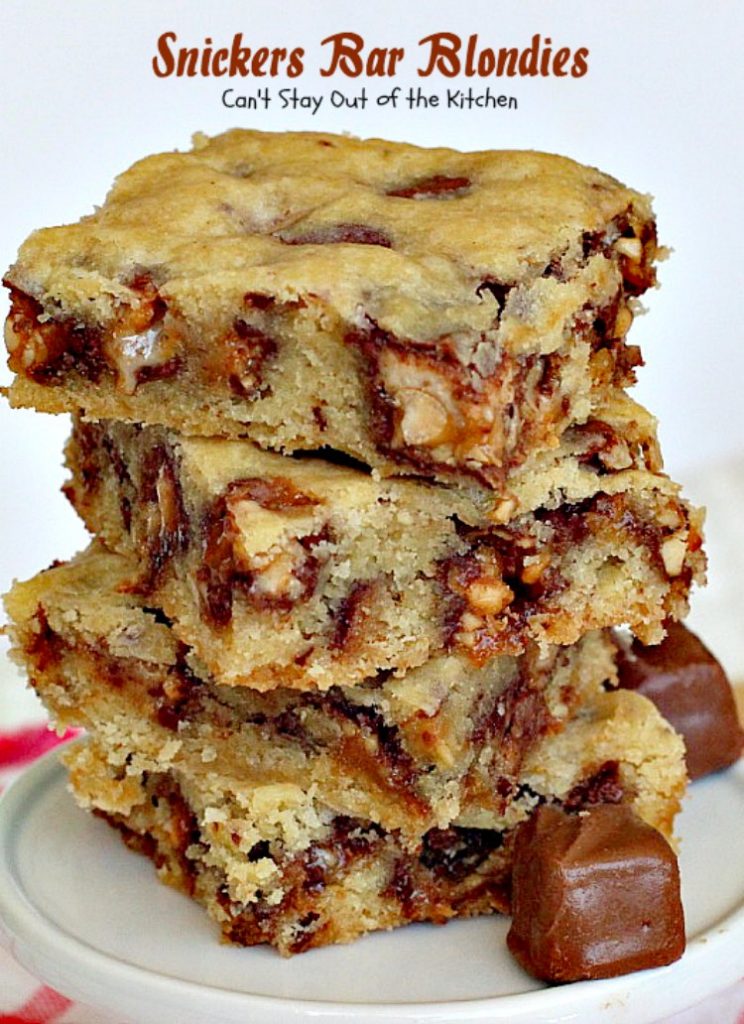 Snickers Bar Blondies | Can't Stay Out of the Kitchen | these fabulous #brownies are filled with #SnickersBars. They're great for #tailgating parties or as a way to use up leftover #halloween candy! #dessert #cookie #chocolate