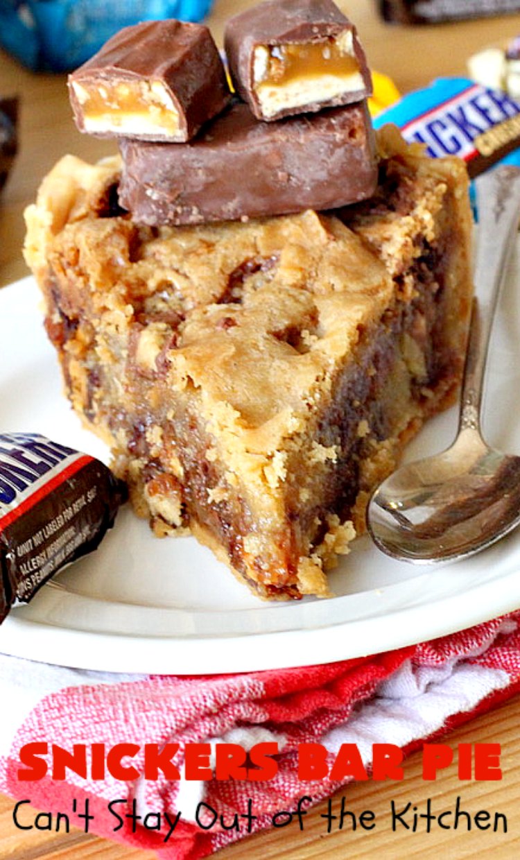Snickers Bar Pie | Can't Stay Out of the Kitchen | this outrageously irresistible #pie is filled with #SnickersBars. Every bite contains #chocolate, #caramel & #peanuts. Fantastic for special occasions & #holidays like #ValentinesDay. #CaramelDessert #ChocolateDessert #HolidayDessert #PeanutButterDessert #SnickersDessert #SnickersCandyBars #SnickersBarPie #dessert
