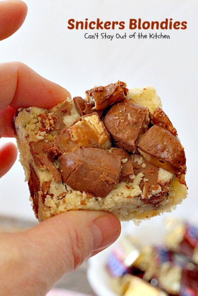 Snickers Blondies | Can't Stay Out of the Kitchen | these outrageous #brownies are divine. #SnickersBars in #cookie dough = awesome! #dessert #cookie #chocolate