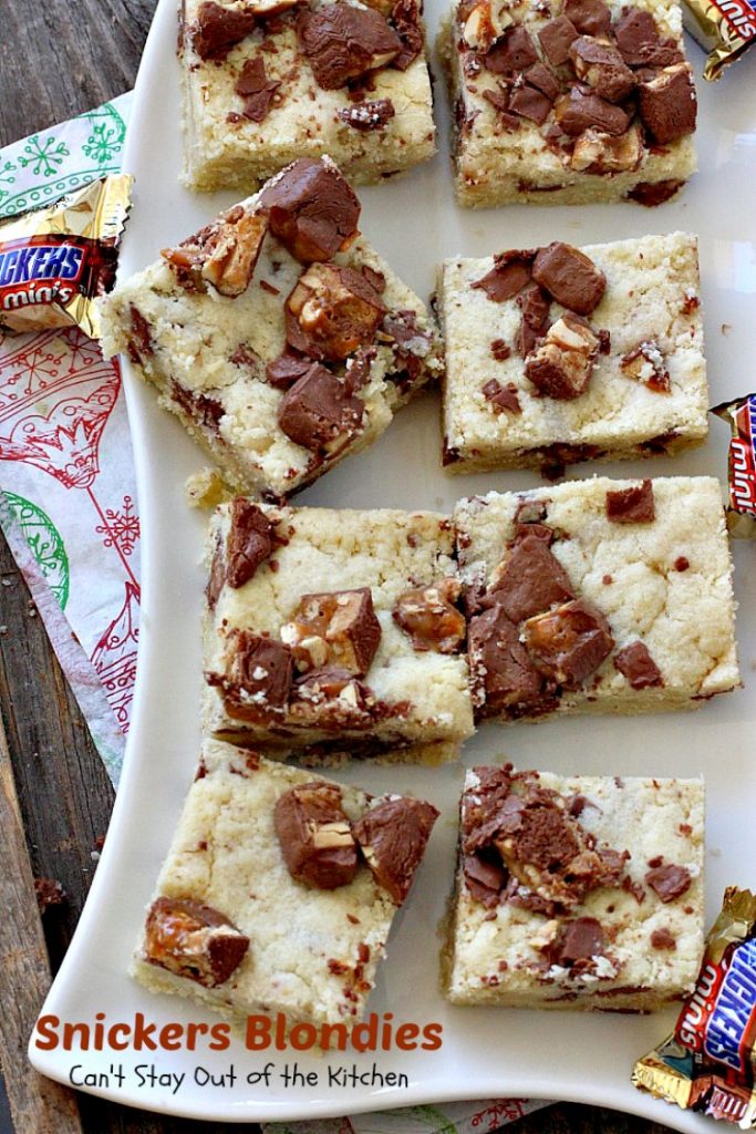 Snickers Blondies | Can't Stay Out of the Kitchen | these outrageous #brownies are divine. #SnickersBars in #cookie dough = awesome! #dessert #cookie #chocolate