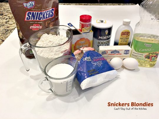 Snickers Blondies | Can't Stay Out of the Kitchen | these outrageous #brownies are divine. #SnickersBars in #cookie dough = awesome! #dessert #cookie #chocolate