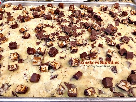 Snickers Blondies | Can't Stay Out of the Kitchen | these outrageous #brownies are divine. #SnickersBars in #cookie dough = awesome! #dessert #cookie #chocolate