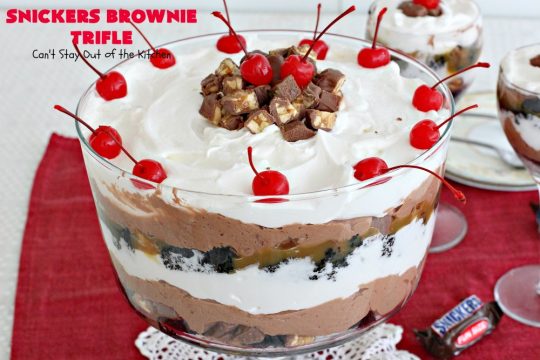 Snickers Brownie Trifle | Can't Stay Out of the Kitchen | this rich & decadent dessert is filled with homemade #brownies, #Snickers bars, #chocolate pudding & #caramel sauce. It's the perfect #dessert for the #holidays, #Christmas, #ValentinesDay or special occasions. 