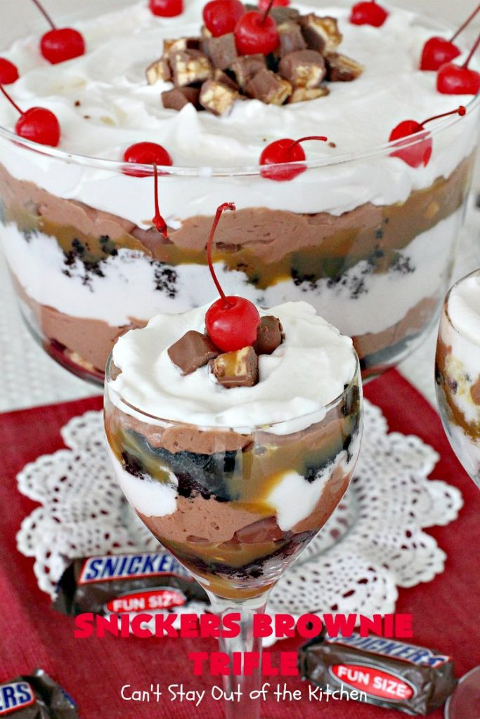 Snickers Brownie Trifle | Can't Stay Out of the Kitchen | this rich & decadent dessert is filled with homemade #brownies, #Snickers bars, #chocolate pudding & #caramel sauce. It's the perfect #dessert for the #holidays, #Christmas, #ValentinesDay or special occasions. 