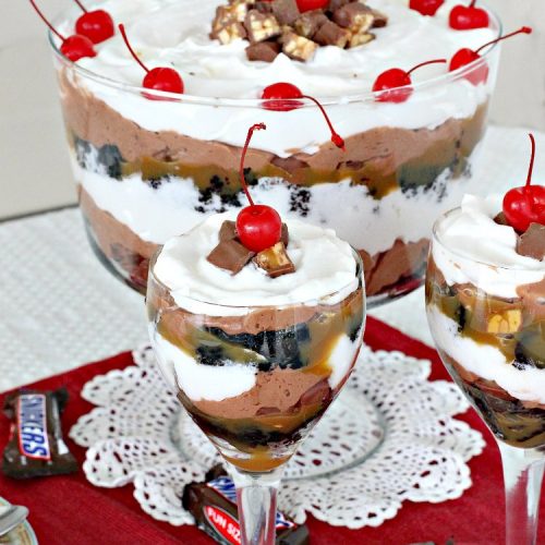 Snickers Brownie Trifle | Can't Stay Out of the Kitchen | this rich & decadent dessert is filled with homemade #brownies, #Snickers bars, #chocolate pudding & #caramel sauce. It's the perfect #dessert for the #holidays, #Christmas, #ValentinesDay or special occasions.
