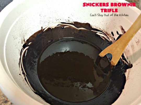 Snickers Brownie Trifle | Can't Stay Out of the Kitchen | this rich & decadent dessert is filled with homemade #brownies, #Snickers bars, #chocolate pudding & #caramel sauce. It's the perfect #dessert for the #holidays, #Christmas, #ValentinesDay or special occasions. 