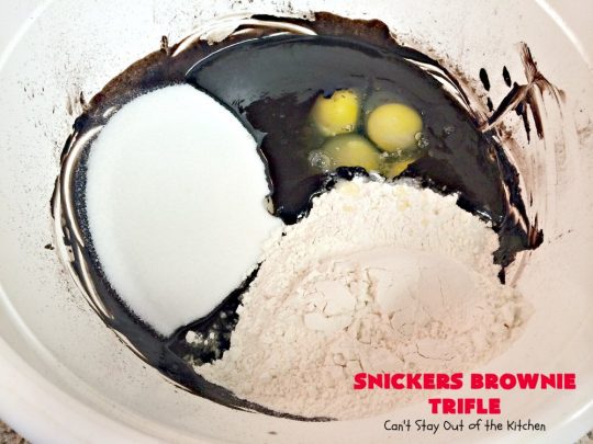Snickers Brownie Trifle | Can't Stay Out of the Kitchen | this rich & decadent dessert is filled with homemade #brownies, #Snickers bars, #chocolate pudding & #caramel sauce. It's the perfect #dessert for the #holidays, #Christmas, #ValentinesDay or special occasions. 