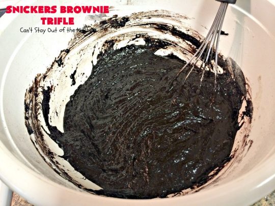 Snickers Brownie Trifle | Can't Stay Out of the Kitchen | this rich & decadent dessert is filled with homemade #brownies, #Snickers bars, #chocolate pudding & #caramel sauce. It's the perfect #dessert for the #holidays, #Christmas, #ValentinesDay or special occasions. 
