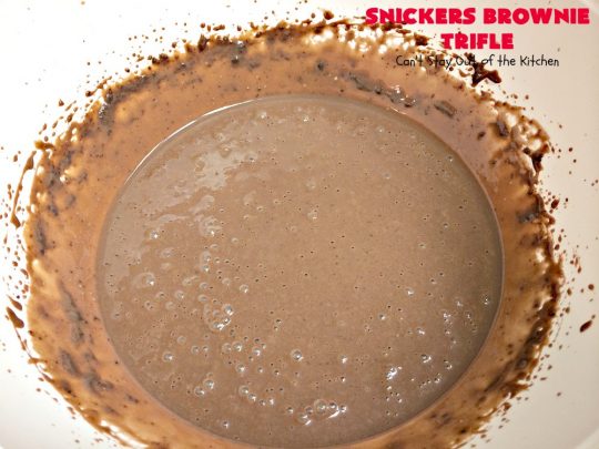 Snickers Brownie Trifle | Can't Stay Out of the Kitchen | this rich & decadent dessert is filled with homemade #brownies, #Snickers bars, #chocolate pudding & #caramel sauce. It's the perfect #dessert for the #holidays, #Christmas, #ValentinesDay or special occasions. 