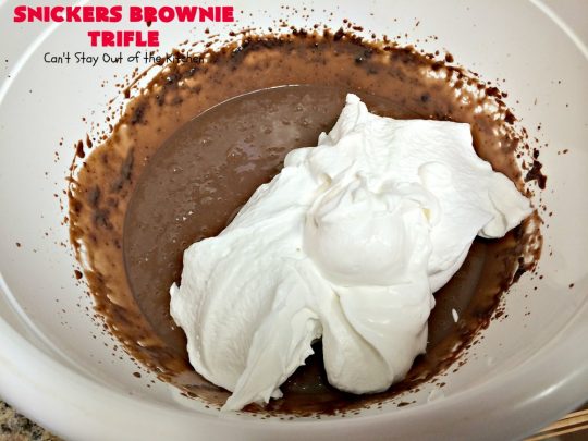 Snickers Brownie Trifle | Can't Stay Out of the Kitchen | this rich & decadent dessert is filled with homemade #brownies, #Snickers bars, #chocolate pudding & #caramel sauce. It's the perfect #dessert for the #holidays, #Christmas, #ValentinesDay or special occasions. 