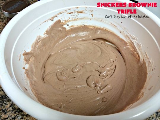 Snickers Brownie Trifle | Can't Stay Out of the Kitchen | this rich & decadent dessert is filled with homemade #brownies, #Snickers bars, #chocolate pudding & #caramel sauce. It's the perfect #dessert for the #holidays, #Christmas, #ValentinesDay or special occasions. 