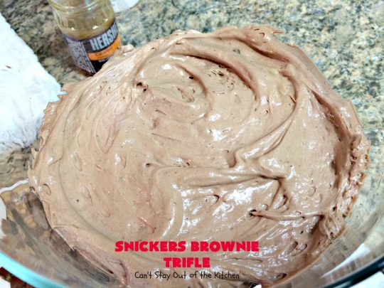 Snickers Brownie Trifle | Can't Stay Out of the Kitchen | this rich & decadent dessert is filled with homemade #brownies, #Snickers bars, #chocolate pudding & #caramel sauce. It's the perfect #dessert for the #holidays, #Christmas, #ValentinesDay or special occasions. 