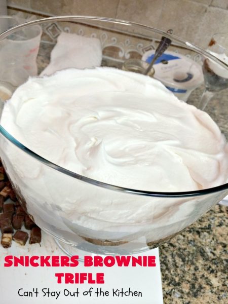 Snickers Brownie Trifle | Can't Stay Out of the Kitchen | this rich & decadent dessert is filled with homemade #brownies, #Snickers bars, #chocolate pudding & #caramel sauce. It's the perfect #dessert for the #holidays, #Christmas, #ValentinesDay or special occasions. 