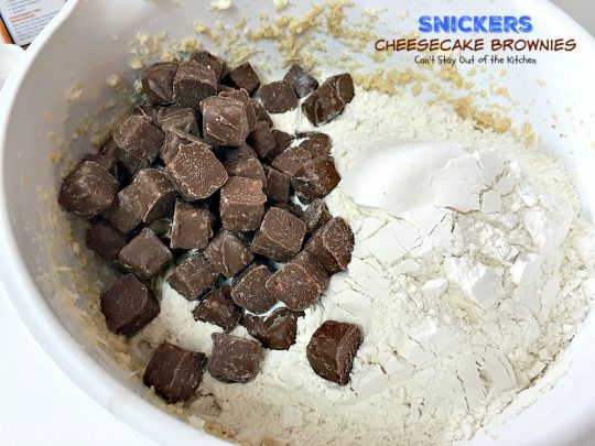 Snickers Cheesecake Brownies | Can't Stay Out of the Kitchen | You will absolutely devour these sensational #brownies! #Snickers #cheesecake & #chocolatechip #cookie dough are terrific together! #chocolate #dessert