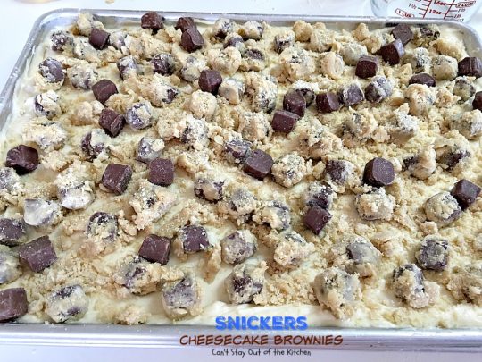 Snickers Cheesecake Brownies | Can't Stay Out of the Kitchen | You will absolutely devour these sensational #brownies! #Snickers #cheesecake & #chocolatechip #cookie dough are terrific together! #chocolate #dessert