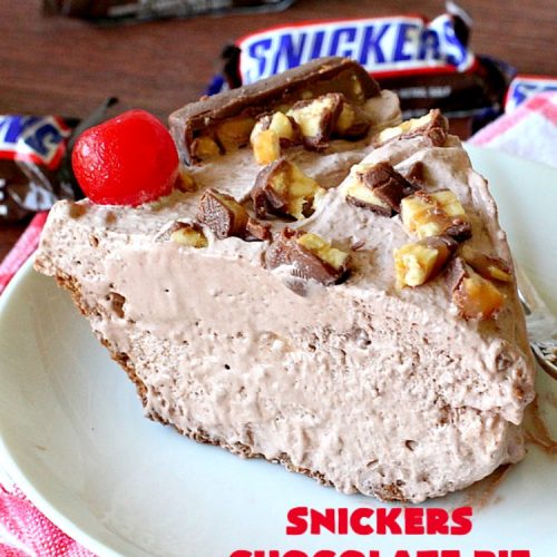 Snickers Chocolate Pie | Can't Stay Out of the Kitchen | this is the ultimate in a rich, decadent & divine #dessert. The fluffy #chocolate texture is filled with #Snickers candy bars. This 5-ingredient #recipe is the perfect #ChocolatePie for #holidays or company. #caramel #pie #PeanutButter #SnickersChocolatePie #ChocolateDessert #HolidayDessert #SnickersDessert