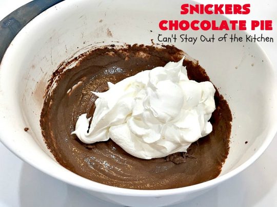 Snickers Chocolate Pie | Can't Stay Out of the Kitchen | this is the ultimate in a rich, decadent & divine #dessert. The fluffy #chocolate texture is filled with #Snickers candy bars. This 5-ingredient #recipe is the perfect #ChocolatePie for #holidays or company. #caramel #pie #PeanutButter #SnickersChocolatePie #ChocolateDessert #HolidayDessert #SnickersDessert