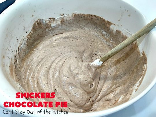 Snickers Chocolate Pie | Can't Stay Out of the Kitchen | this is the ultimate in a rich, decadent & divine #dessert. The fluffy #chocolate texture is filled with #Snickers candy bars. This 5-ingredient #recipe is the perfect #ChocolatePie for #holidays or company. #caramel #pie #PeanutButter #SnickersChocolatePie #ChocolateDessert #HolidayDessert #SnickersDessert