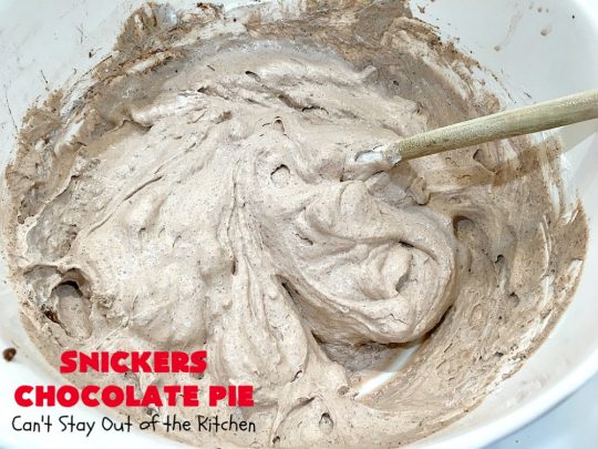 Snickers Chocolate Pie | Can't Stay Out of the Kitchen | this is the ultimate in a rich, decadent & divine #dessert. The fluffy #chocolate texture is filled with #Snickers candy bars. This 5-ingredient #recipe is the perfect #ChocolatePie for #holidays or company. #caramel #pie #PeanutButter #SnickersChocolatePie #ChocolateDessert #HolidayDessert #SnickersDessert