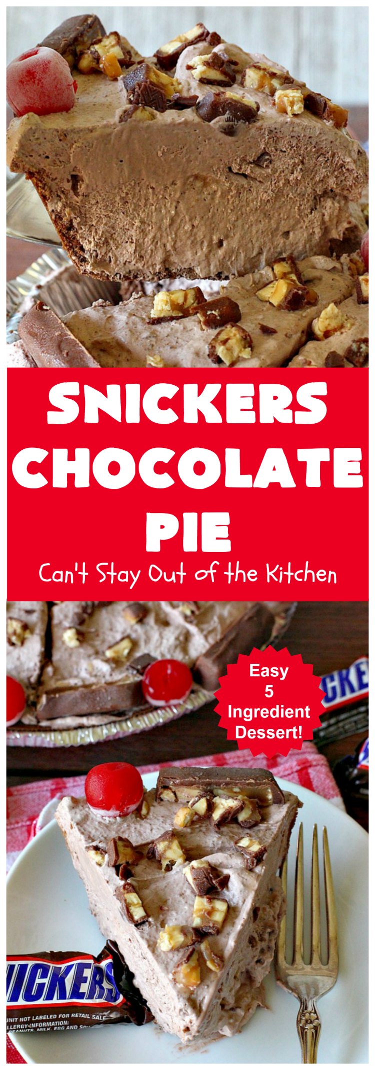 Snickers Chocolate Pie | Can't Stay Out of the Kitchen | this is the ultimate in a rich, decadent & divine #dessert. The fluffy #chocolate texture is filled with #Snickers candy bars. This 5-ingredient #recipe is the perfect #ChocolatePie for #holidays or company. #caramel #pie #PeanutButter #SnickersChocolatePie #ChocolateDessert #HolidayDessert #SnickersDessert