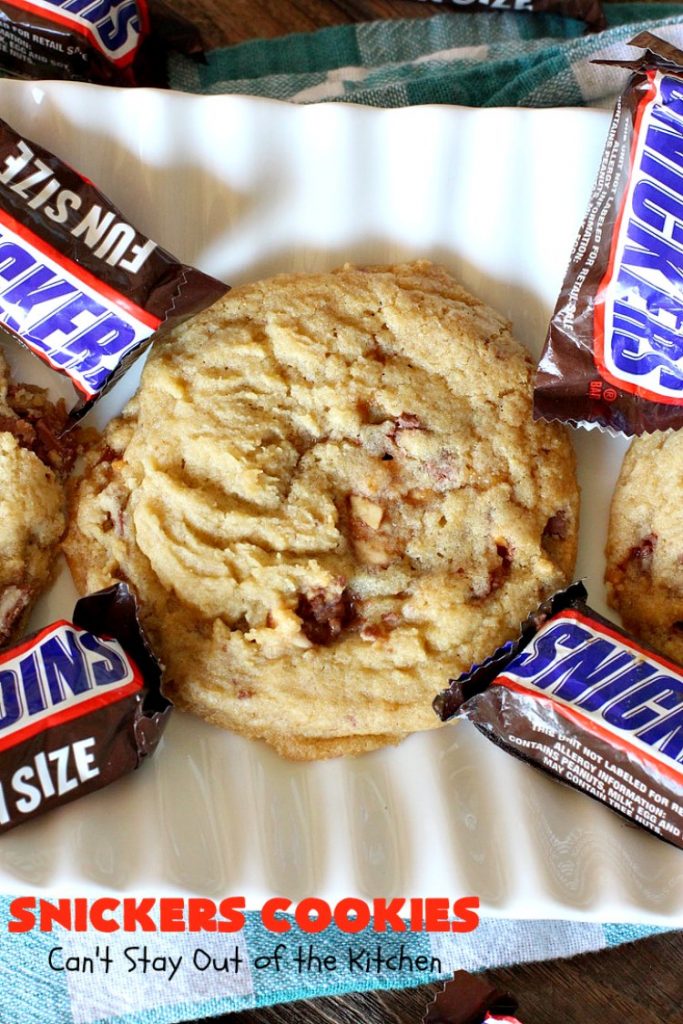 Snickers Cookies | Can't Stay Out of the Kitchen | these #cookies are so irresistible. They're made with original #SnickersBars so they're filled with #chocolate, #caramel & #peanuts. Every bite will have you drooling. Great for potlucks, #tailgating parties or any special occasion. #dessert #holiday #Snickers #HolidayDessert #ChristmasCookieExchange #ChocolateDessert #CaramelDessert #PeanutDessert #SnickersDessert #SnickersCookies