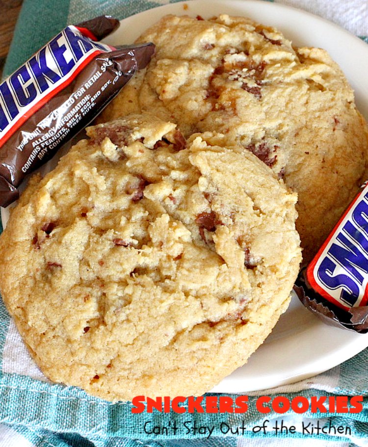 Snickers Cookies | Can't Stay Out of the Kitchen | these #cookies are so irresistible. They're made with original #SnickersBars so they're filled with #chocolate, #caramel & #peanuts. Every bite will have you drooling. Great for potlucks, #tailgating parties or any special occasion. #dessert #holiday #Snickers #HolidayDessert #ChristmasCookieExchange #ChocolateDessert #CaramelDessert #PeanutDessert #SnickersDessert #SnickersCookies