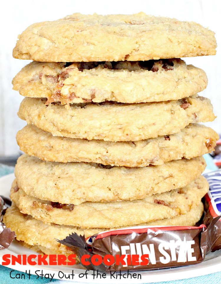 Snickers Cookies | Can't Stay Out of the Kitchen | these #cookies are so irresistible. They're made with original #SnickersBars so they're filled with #chocolate, #caramel & #peanuts. Every bite will have you drooling. Great for potlucks, #tailgating parties or any special occasion. #dessert #holiday #Snickers #HolidayDessert #ChristmasCookieExchange #ChocolateDessert #CaramelDessert #PeanutDessert #SnickersDessert #SnickersCookies