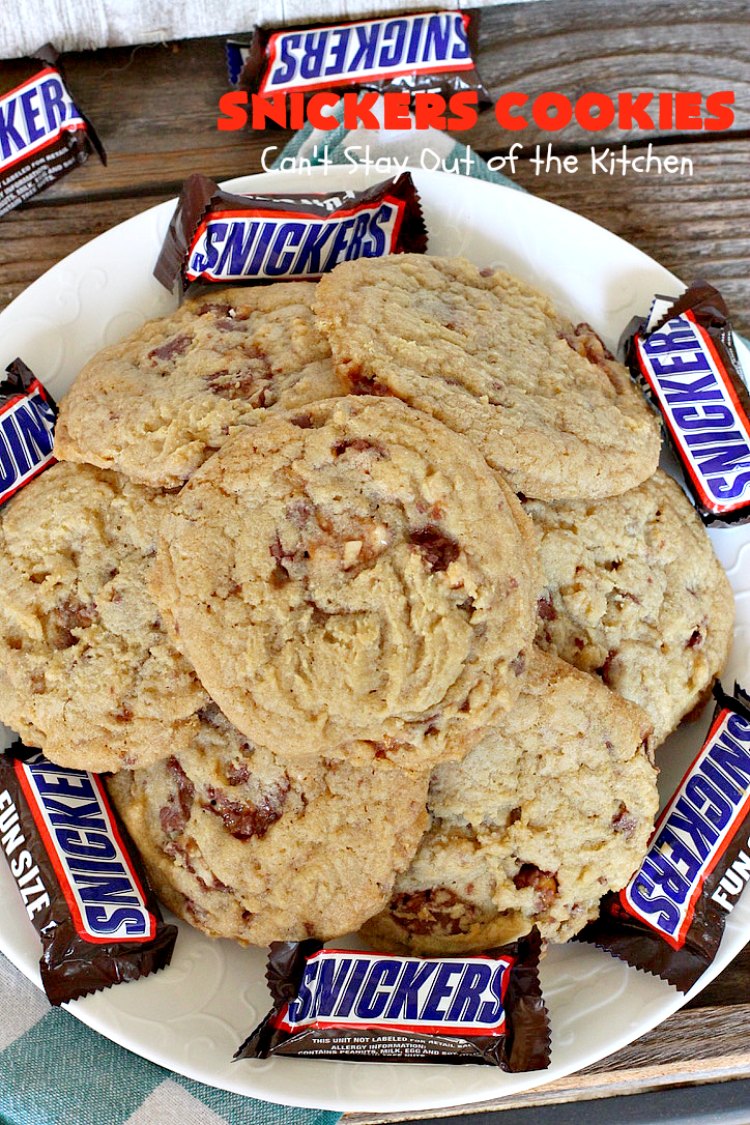 Snickers Cookies | Can't Stay Out of the Kitchen | these #cookies are so irresistible. They're made with original #SnickersBars so they're filled with #chocolate, #caramel & #peanuts. Every bite will have you drooling. Great for potlucks, #tailgating parties or any special occasion. #dessert #holiday #Snickers #HolidayDessert #ChristmasCookieExchange #ChocolateDessert #CaramelDessert #PeanutDessert #SnickersDessert #SnickersCookies