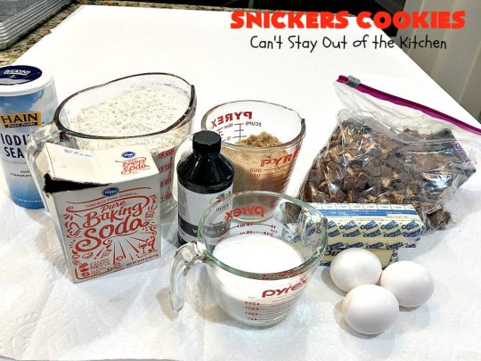Snickers Cookies | Can't Stay Out of the Kitchen | these #cookies are so irresistible. They're made with original #SnickersBars so they're filled with #chocolate, #caramel & #peanuts. Every bite will have you drooling. Great for potlucks, #tailgating parties or any special occasion. #dessert #holiday #Snickers #HolidayDessert #ChristmasCookieExchange #ChocolateDessert #CaramelDessert #PeanutDessert #SnickersDessert #SnickersCookies