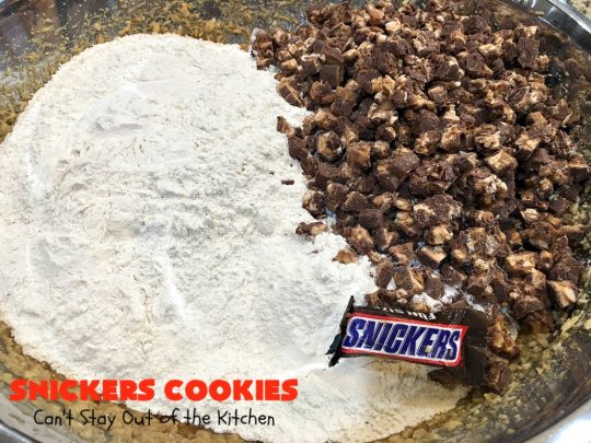 Snickers Cookies | Can't Stay Out of the Kitchen | these #cookies are so irresistible. They're made with original #SnickersBars so they're filled with #chocolate, #caramel & #peanuts. Every bite will have you drooling. Great for potlucks, #tailgating parties or any special occasion. #dessert #holiday #Snickers #HolidayDessert #ChristmasCookieExchange #ChocolateDessert #CaramelDessert #PeanutDessert #SnickersDessert #SnickersCookies