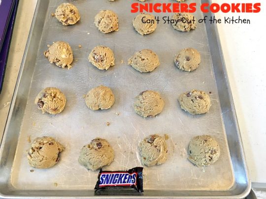 Snickers Cookies | Can't Stay Out of the Kitchen | these #cookies are so irresistible. They're made with original #SnickersBars so they're filled with #chocolate, #caramel & #peanuts. Every bite will have you drooling. Great for potlucks, #tailgating parties or any special occasion. #dessert #holiday #Snickers #HolidayDessert #ChristmasCookieExchange #ChocolateDessert #CaramelDessert #PeanutDessert #SnickersDessert #SnickersCookies
