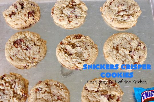 Snickers Crisper Cookies | Can't Stay Out of the Kitchen | these adorable #cookies are made with #SnickersCrisperBars. They're totally spectacular & the ultimate #chocolate cookie sensation. Every bite will knock your socks off! Great for potlucks, #tailgating parties or #holidays. #SnickersBars #SnickersCandyBars #SnickersCrisperCookies #SnickersDessert