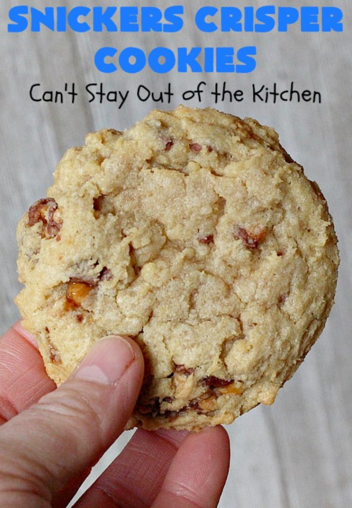 Snickers Crisper Cookies | Can't Stay Out of the Kitchen | these adorable #cookies are made with #SnickersCrisperBars. They're totally spectacular & the ultimate #chocolate cookie sensation. Every bite will knock your socks off! Great for potlucks, #tailgating parties or #holidays. #SnickersBars #SnickersCandyBars #SnickersCrisperCookies #SnickersDessert