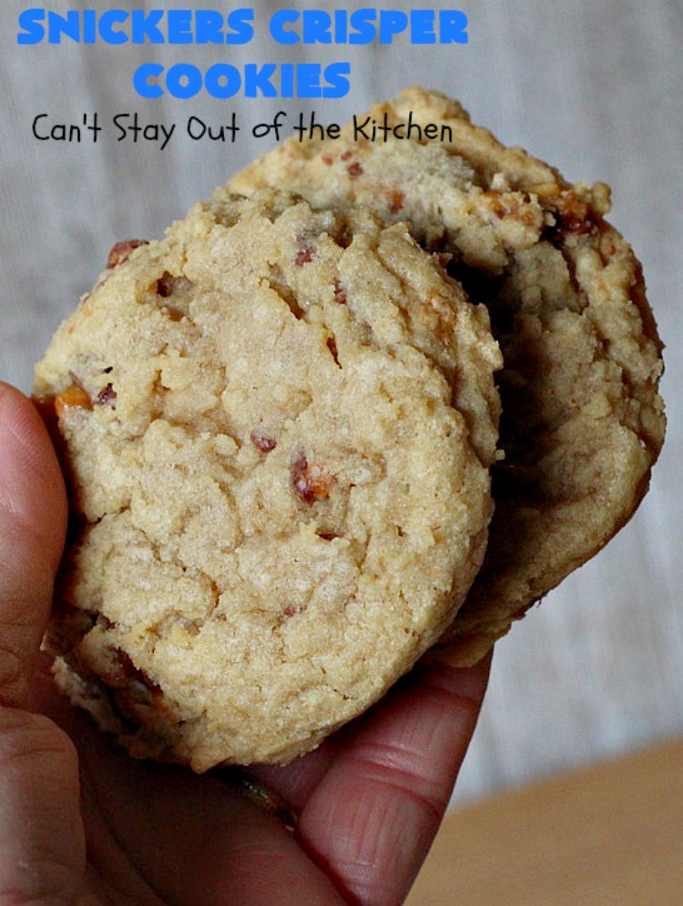 Snickers Crisper Cookies | Can't Stay Out of the Kitchen | these adorable #cookies are made with #SnickersCrisperBars. They're totally spectacular & the ultimate #chocolate cookie sensation. Every bite will knock your socks off! Great for potlucks, #tailgating parties or #holidays. #SnickersBars #SnickersCandyBars #SnickersCrisperCookies #SnickersDessert