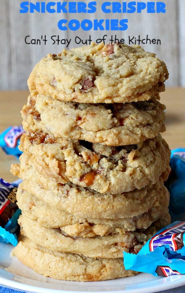 Snickers Crisper Cookies | Can't Stay Out of the Kitchen | these adorable #cookies are made with #SnickersCrisperBars. They're totally spectacular & the ultimate #chocolate cookie sensation. Every bite will knock your socks off! Great for potlucks, #tailgating parties or #holidays. #SnickersBars #SnickersCandyBars #SnickersCrisperCookies #SnickersDessert