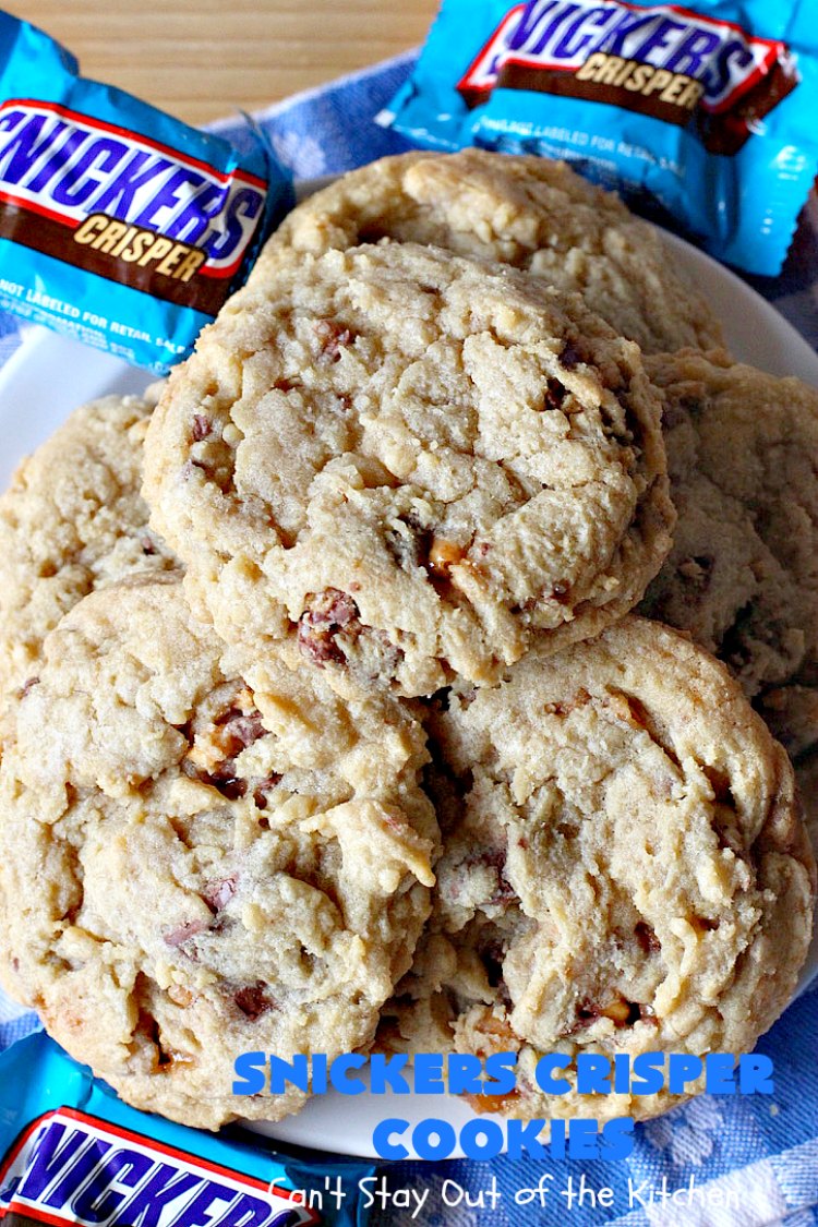 Snickers Crisper Cookies | Can't Stay Out of the Kitchen | these adorable #cookies are made with #SnickersCrisperBars. They're totally spectacular & the ultimate #chocolate cookie sensation. Every bite will knock your socks off! Great for potlucks, #tailgating parties or #holidays. #SnickersBars #SnickersCandyBars #SnickersCrisperCookies #SnickersDessert