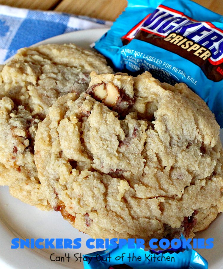 Snickers Crisper Cookies | Can't Stay Out of the Kitchen | these adorable #cookies are made with #SnickersCrisperBars. They're totally spectacular & the ultimate #chocolate cookie sensation. Every bite will knock your socks off! Great for potlucks, #tailgating parties or #holidays. #SnickersBars #SnickersCandyBars #SnickersCrisperCookies #SnickersDessert